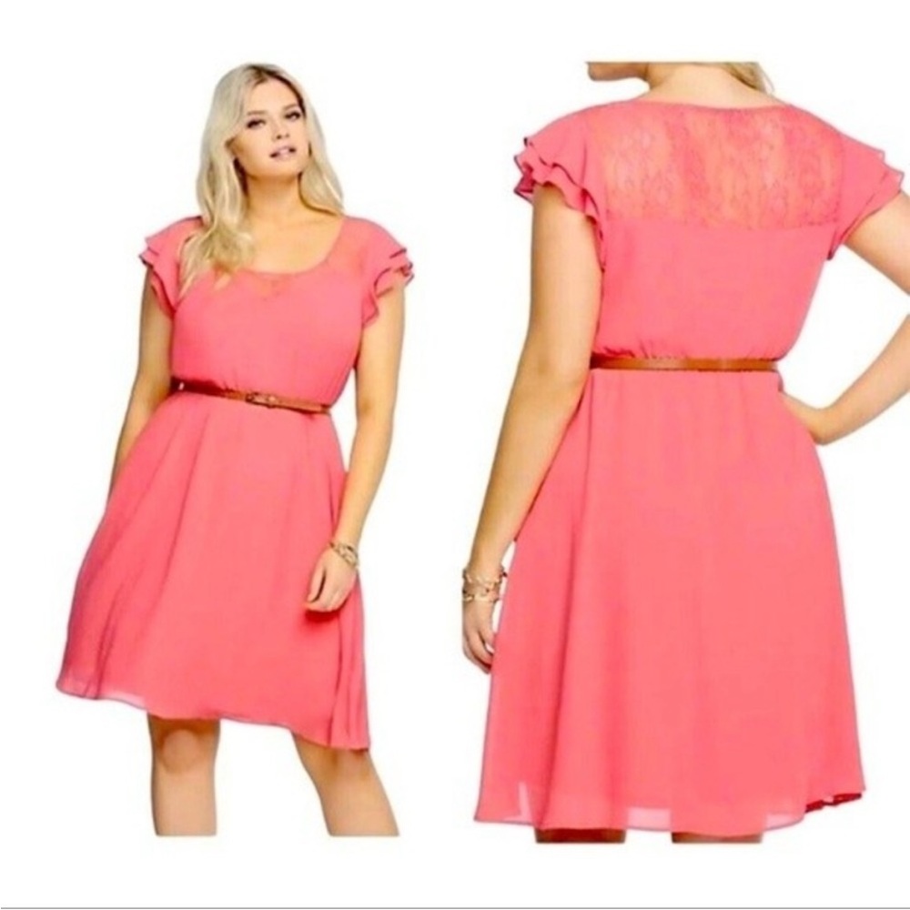 ✨torrid coral chiffon lace ruffle sleeve belted dress✨